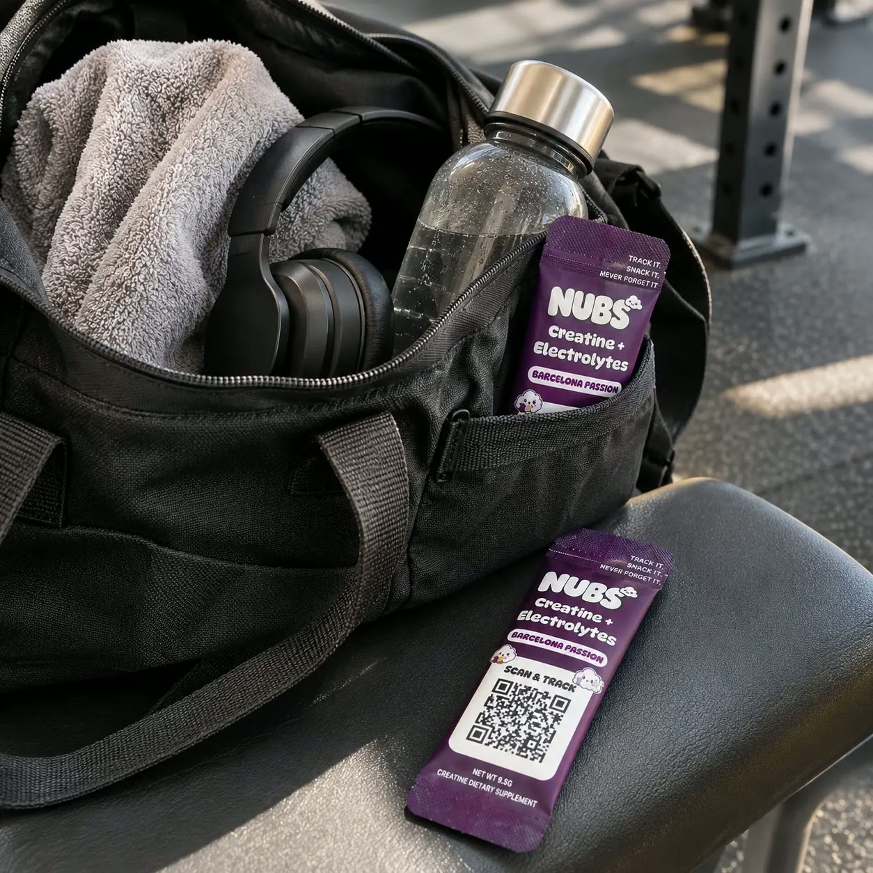 Nubs stick in a gym bag side pocket with a towel and headphones