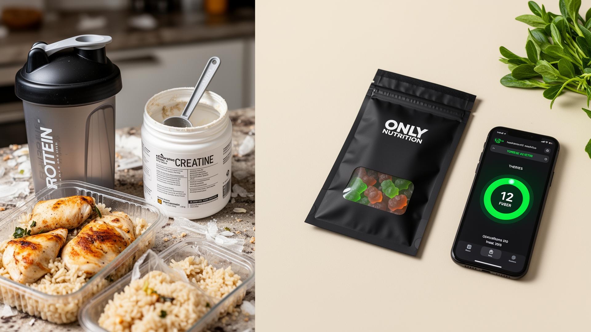 Messy gym counter with protein shaker and creatine tub on the left, a clean Nubs sachet with a phone showing a 12-day fiber streak on the right