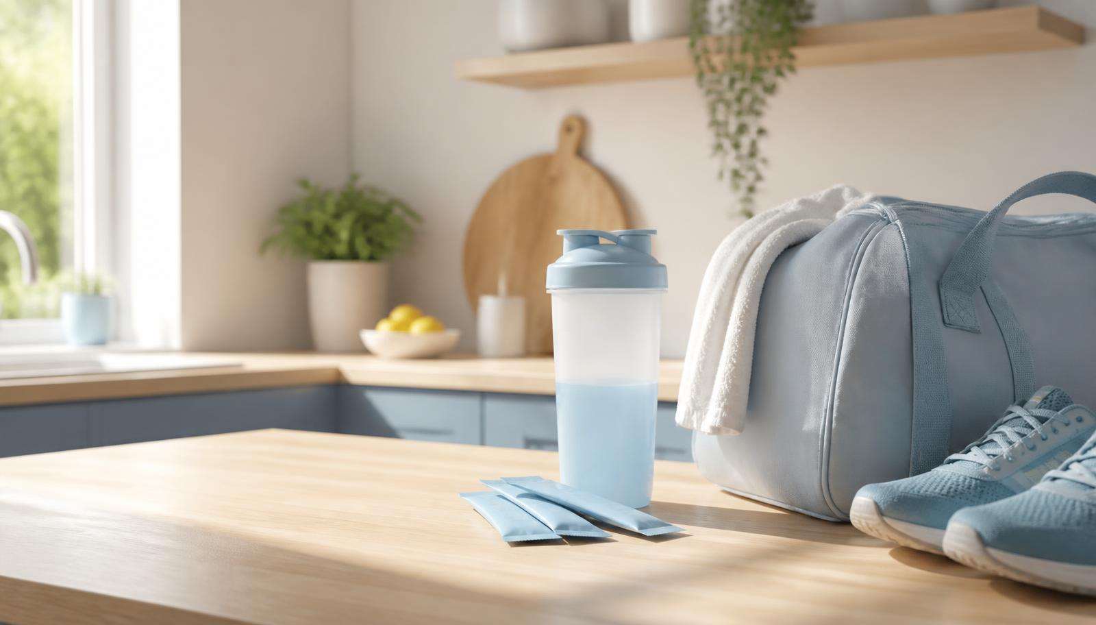 Sticks on a kitchen counter next to a shaker and gym bag