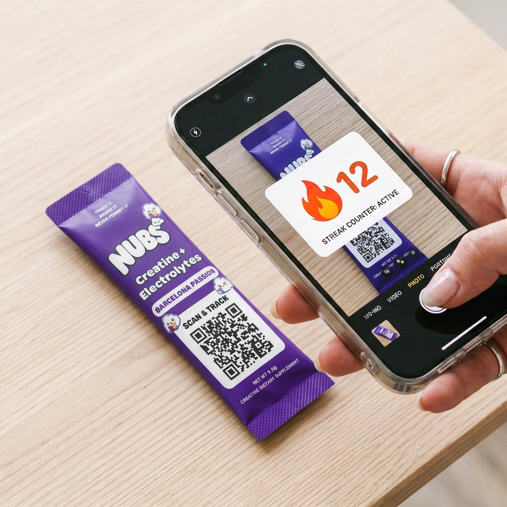 Phone camera scanning the QR code on a Nubs stick and showing a 12-day streak