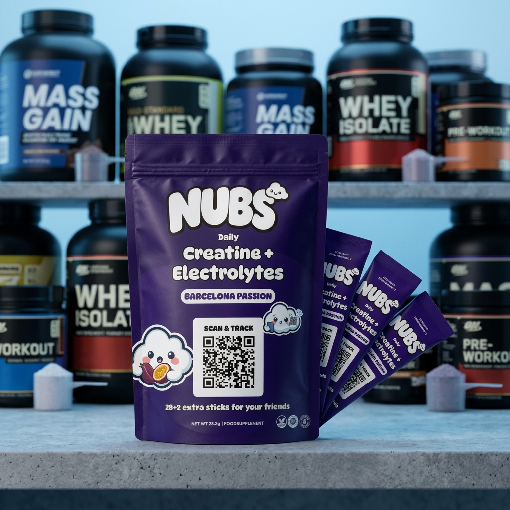 Nubs pouch and stick packs in front of a shelf of large supplement tubs