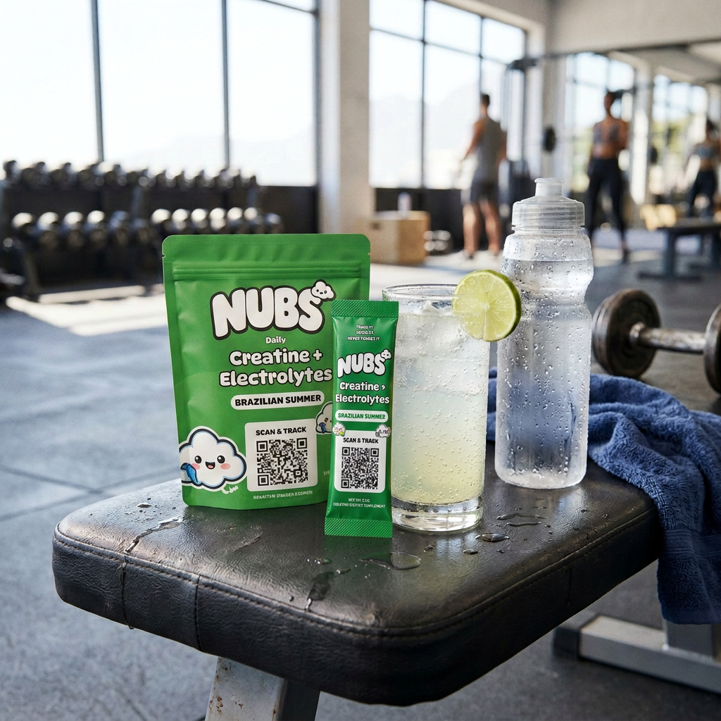 Nubs Brazilian Summer stick and pouch next to a lemon-lime drink on a gym bench