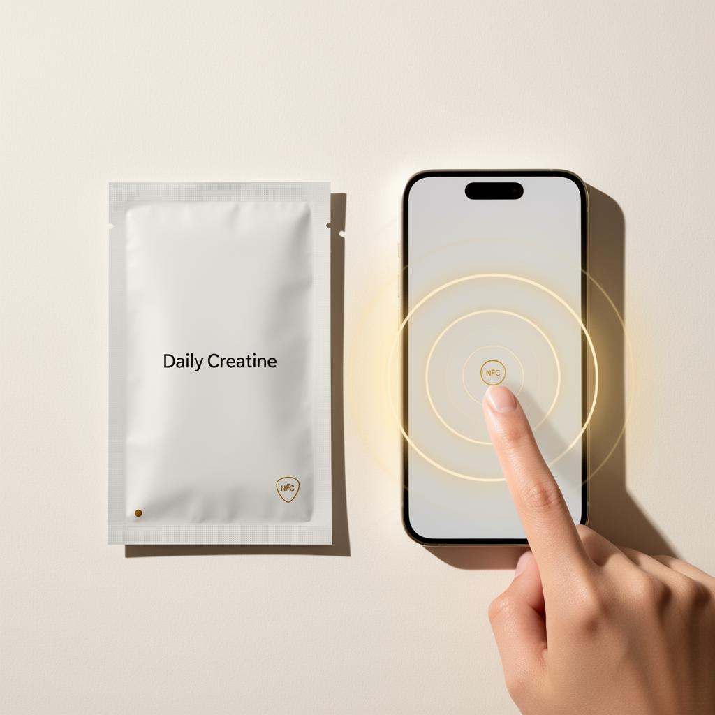 Hand tapping iPhone NFC corner against an Nubs daily sachet