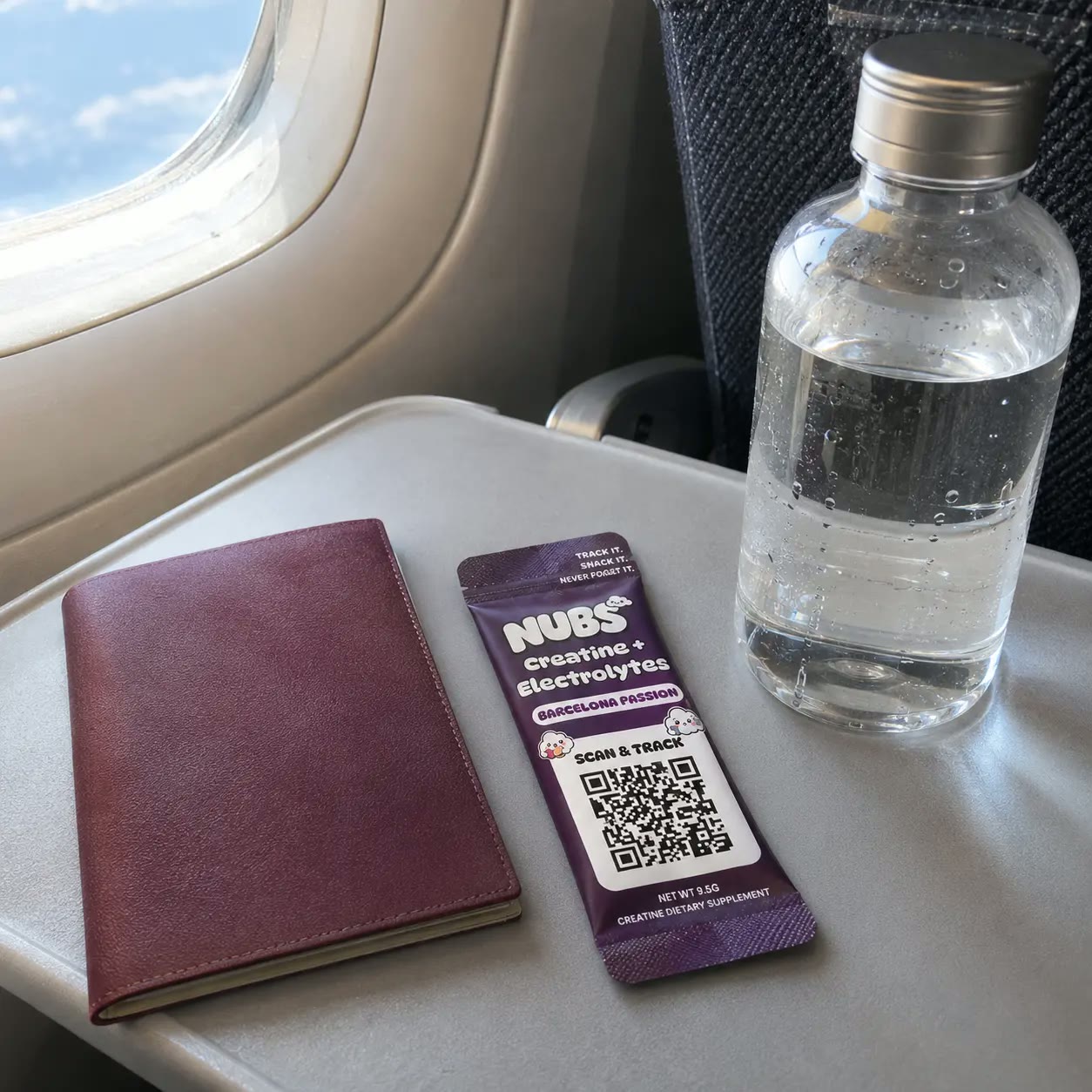 Nubs stick on an airplane tray table