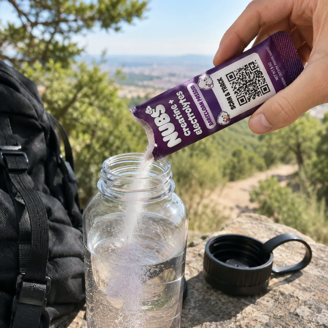Pouring a Nubs stick into a water bottle on a hiking trail